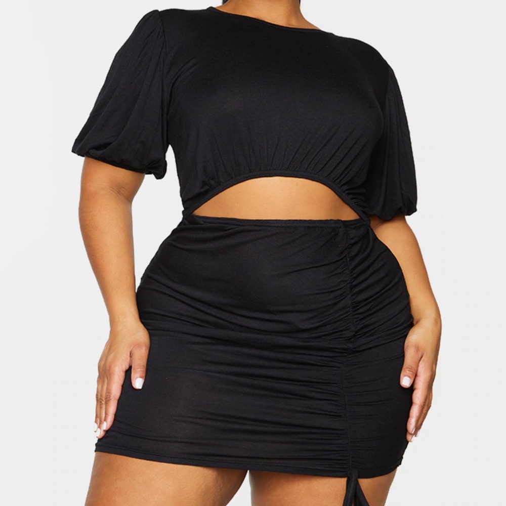 PRETTYLITTLETHING Black Puff Sleeve Cutout Ruched Mini Dress NEW WITH TAGS